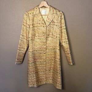 Lynn Lugo 100% Silk, Vintage 90s Gold Brocade Long Sleeve BU Dress Coat Size 4
